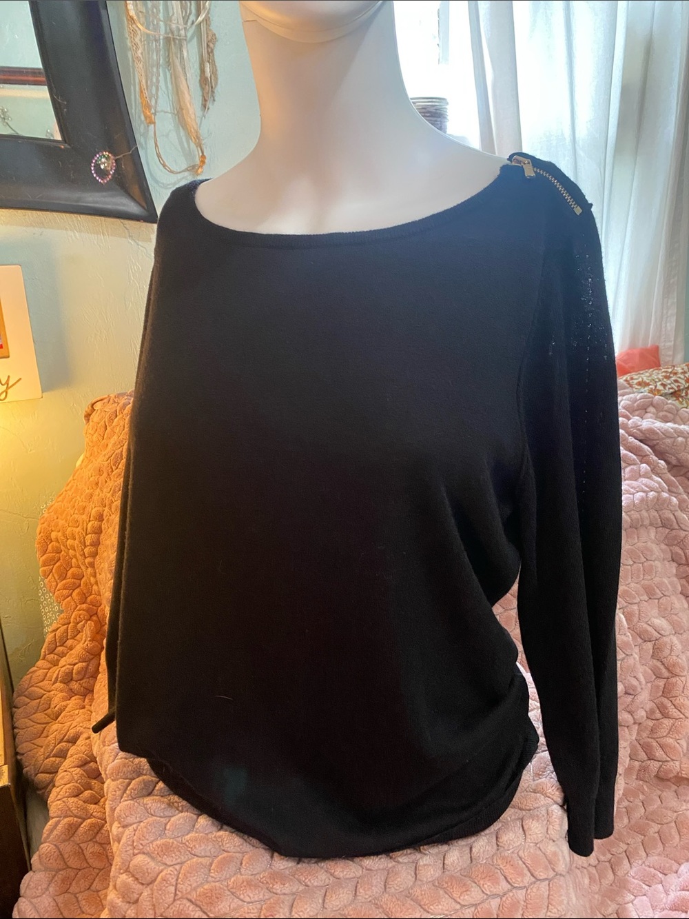 Ann Taylor Black Boatneck Sweater with Shoulder Zip